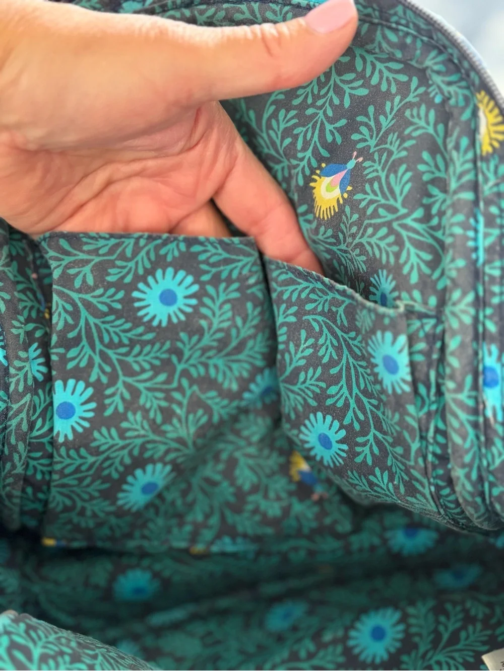 Vera Bradley Black Floral Mini Backpack with Teal, Yellow and White Flowers